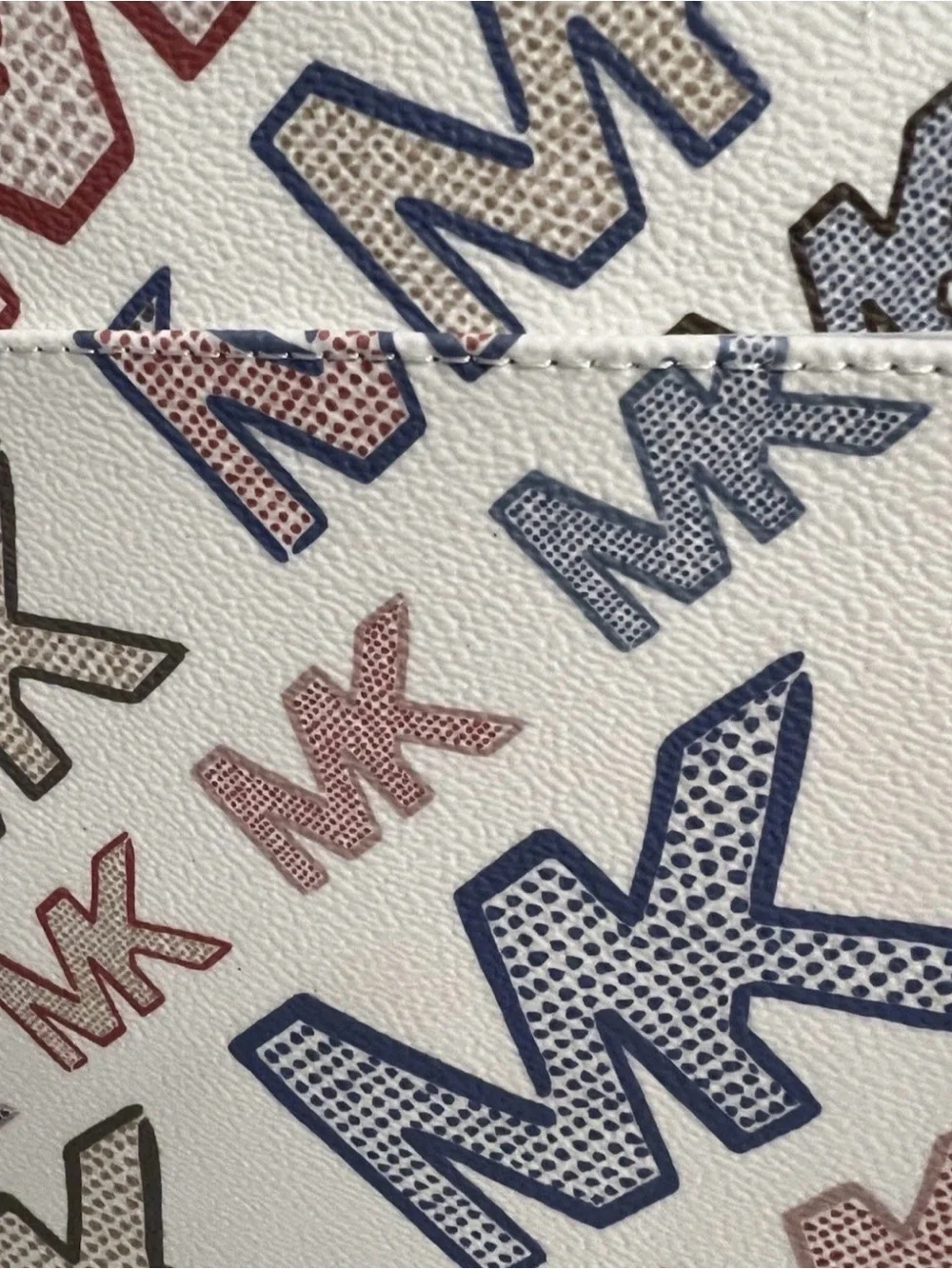 Michael Kors White Multi MK Logo Tote with Brown Trim